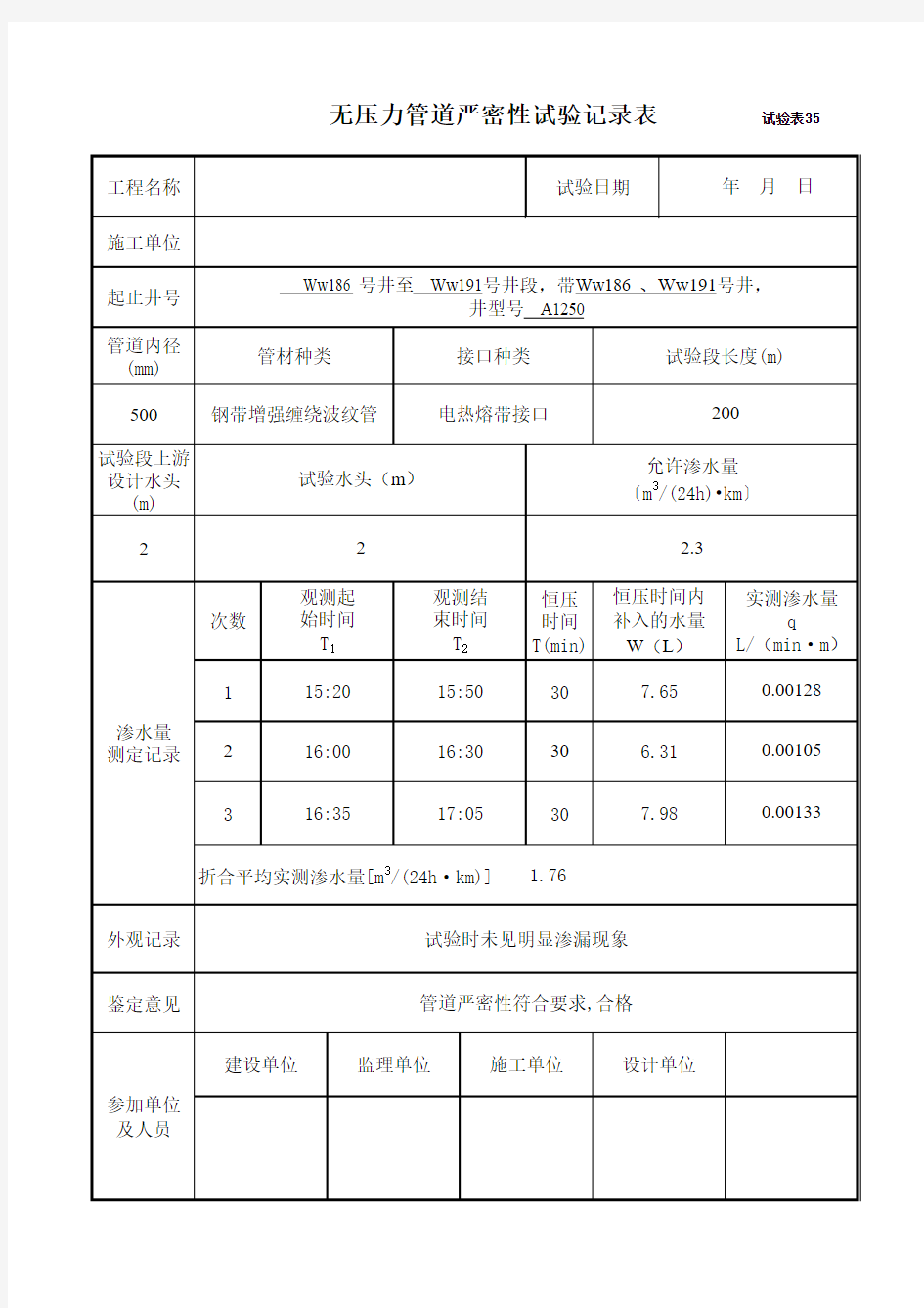 无压力管道严密性试验记录表