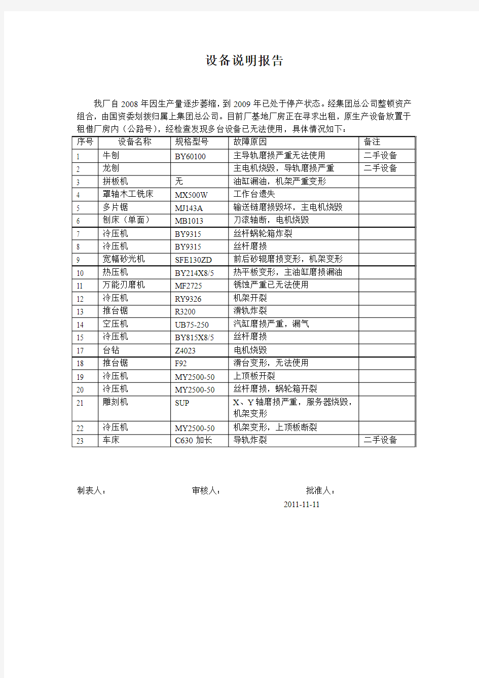 设备情况说明报告