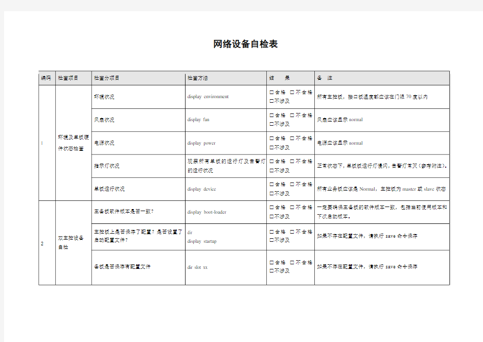 交换机日常维护自检表