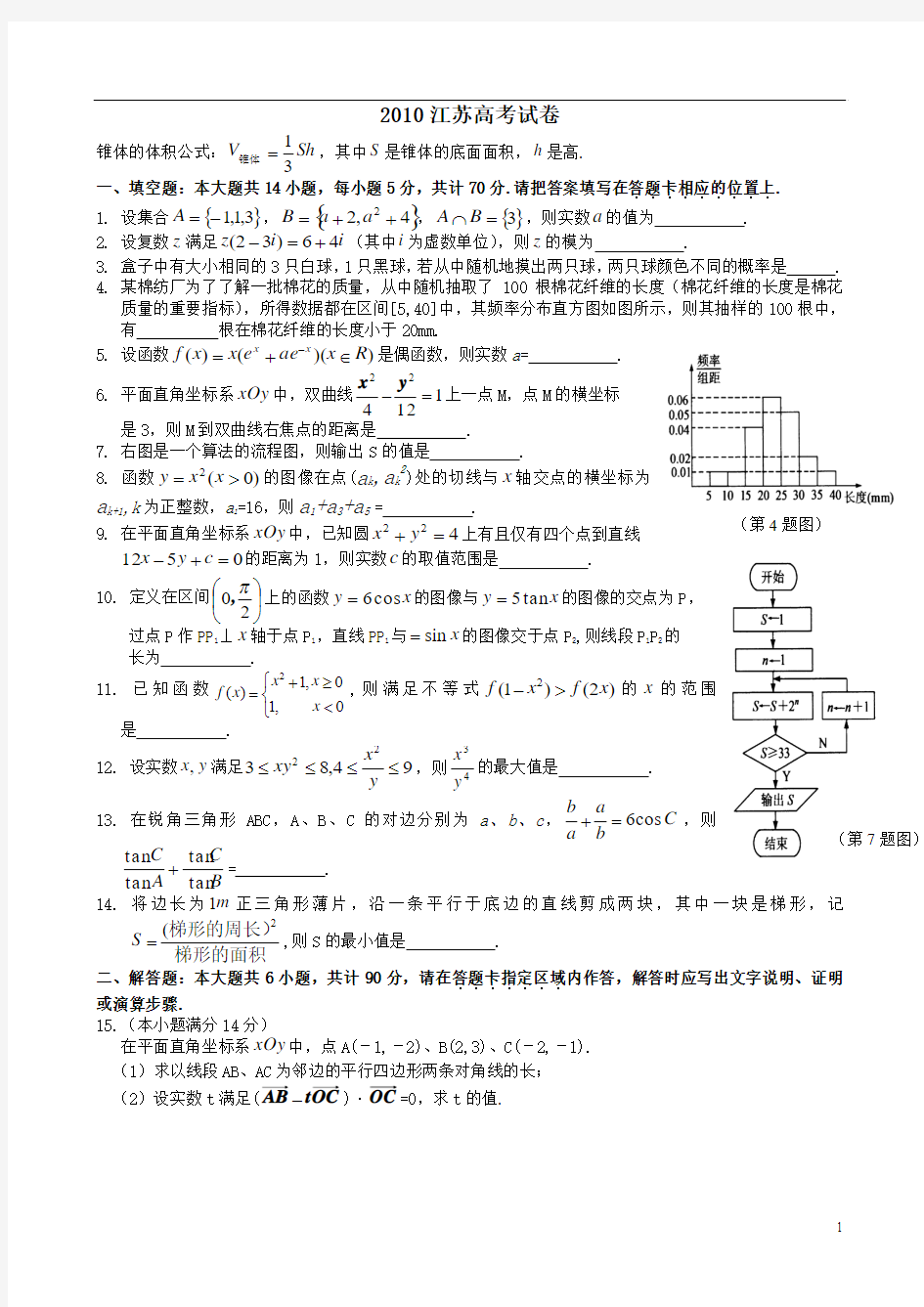 2010江苏省高考数学真题含答案清晰版