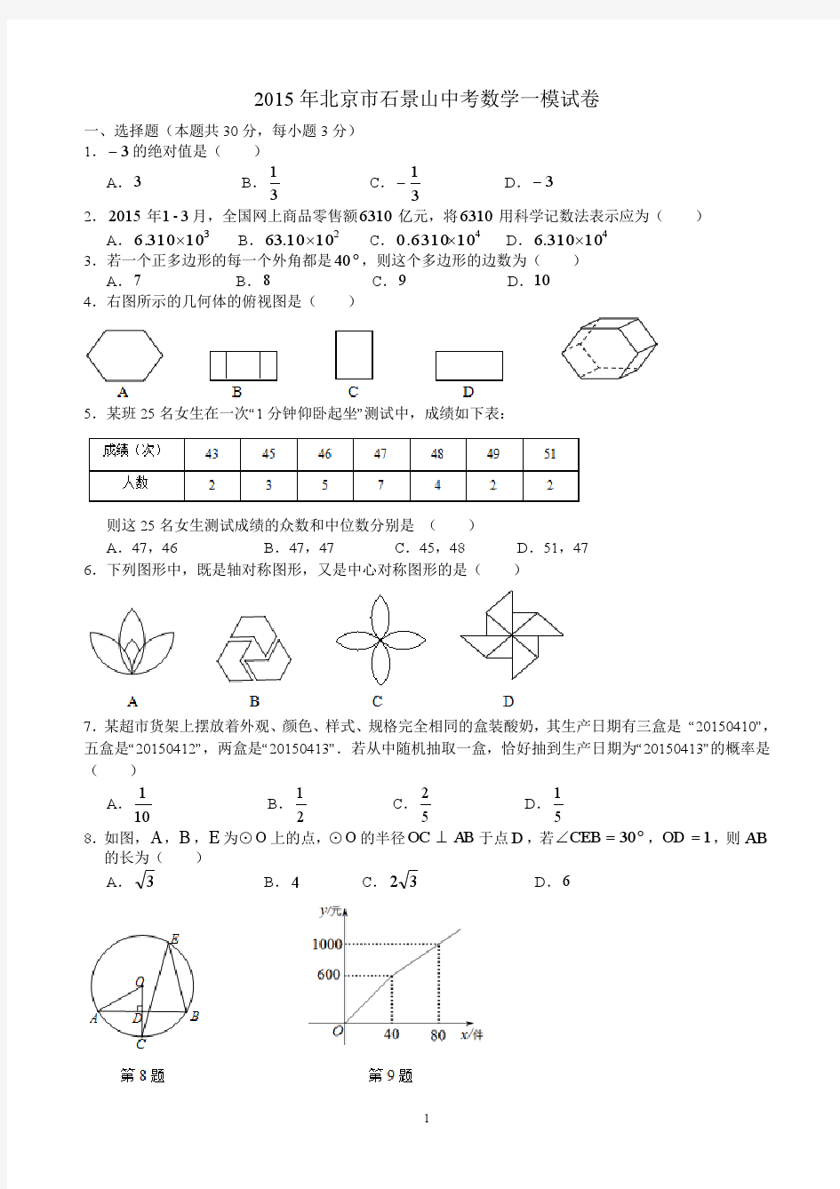 2015年石景山初三一模数学试题及答案