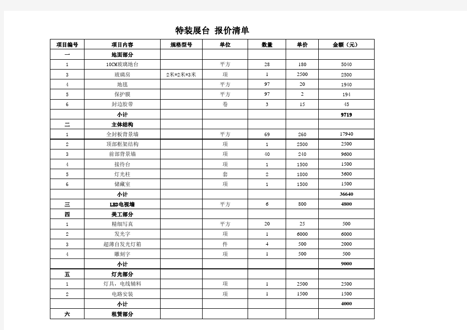 特装展台 报价清单