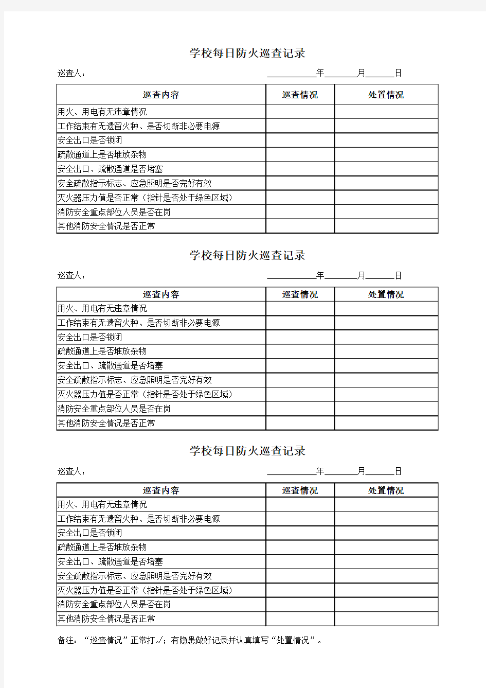 学校每日防火巡查记录表