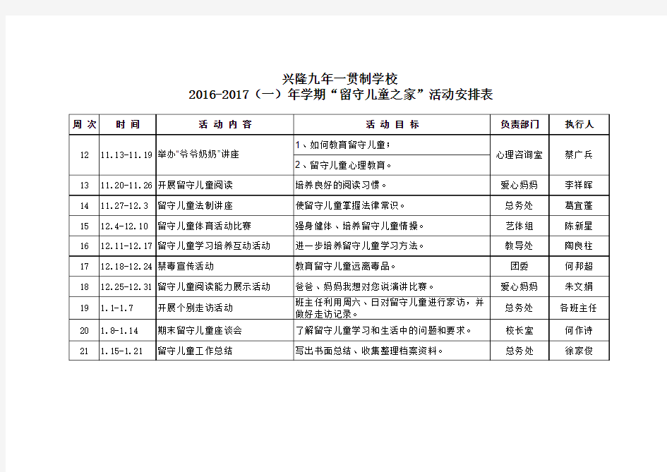 2016-2017(一)留守儿童之家活动安排表