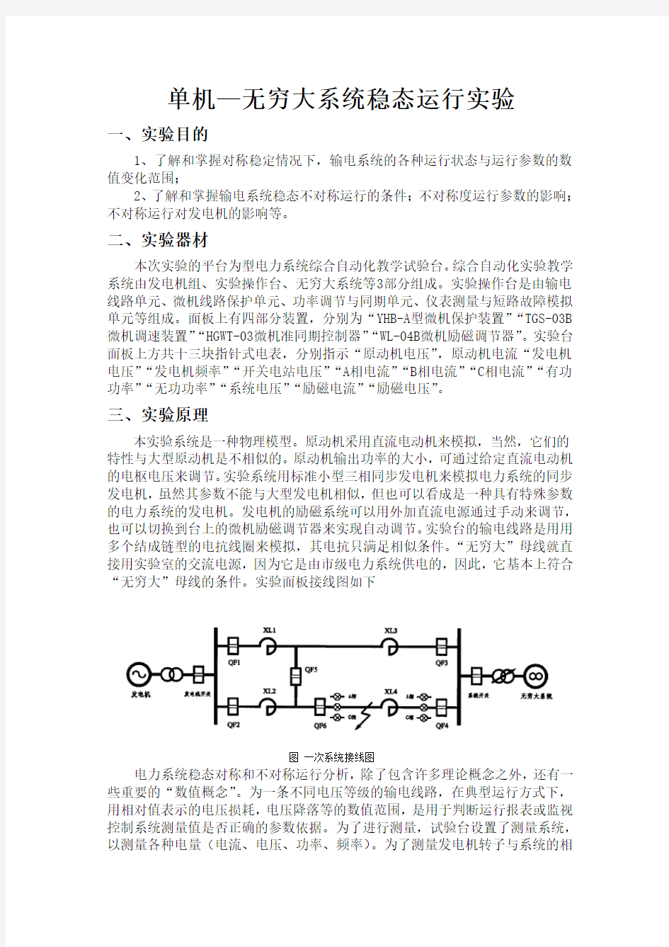 单机—无穷大系统稳态运行实验