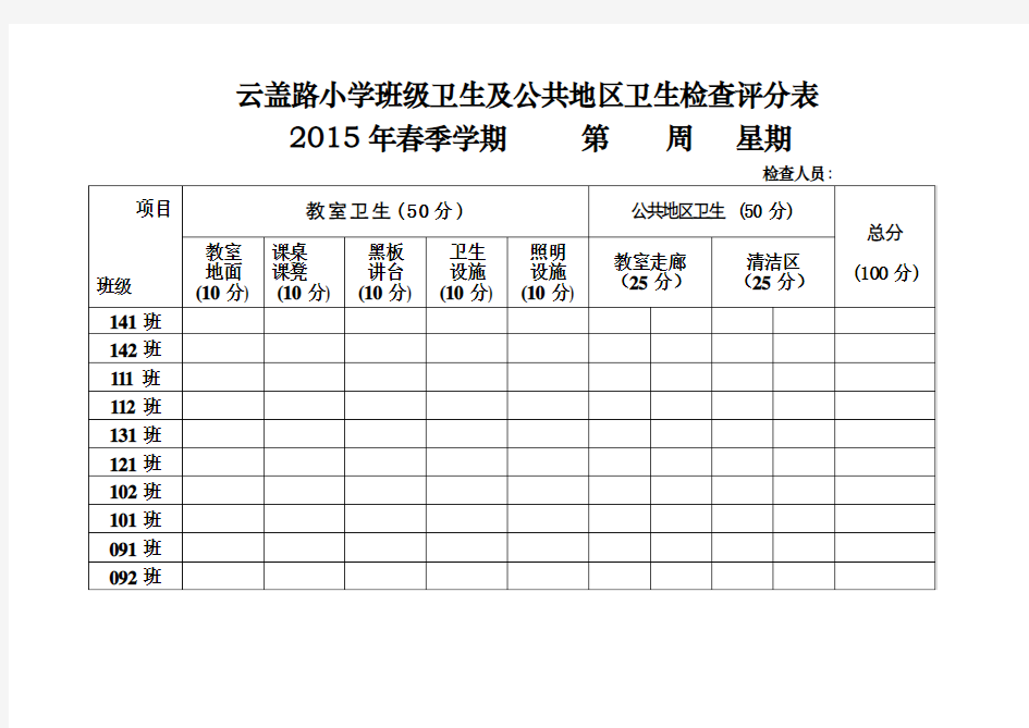 班级清洁卫生评分表及标准(2015春)