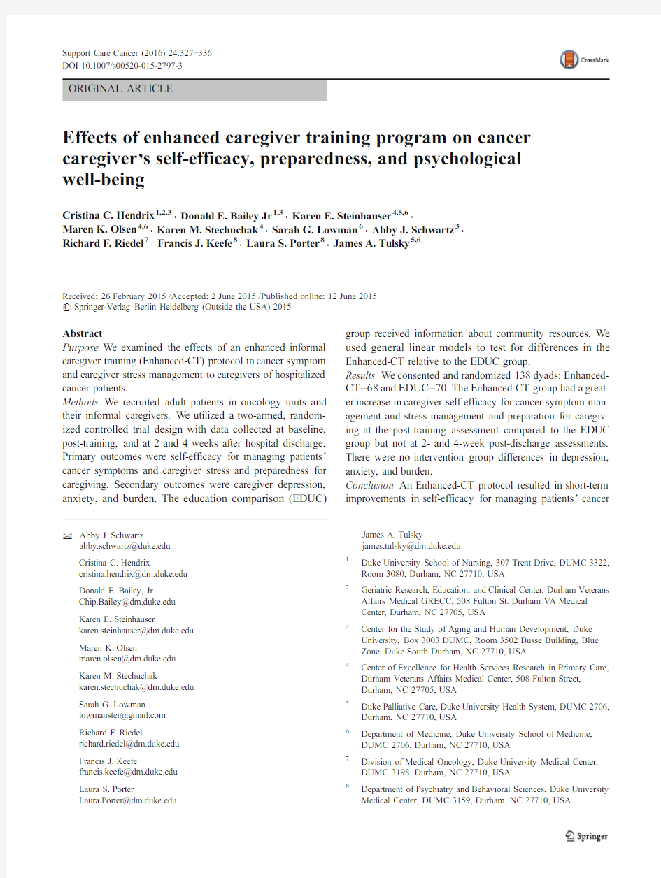 Effects of enhanced caregiver training program on cancer caregiver’s self-efficacy, preparedness