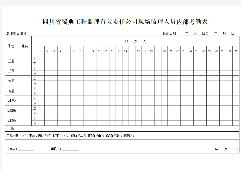 现场监理人员内部考勤表