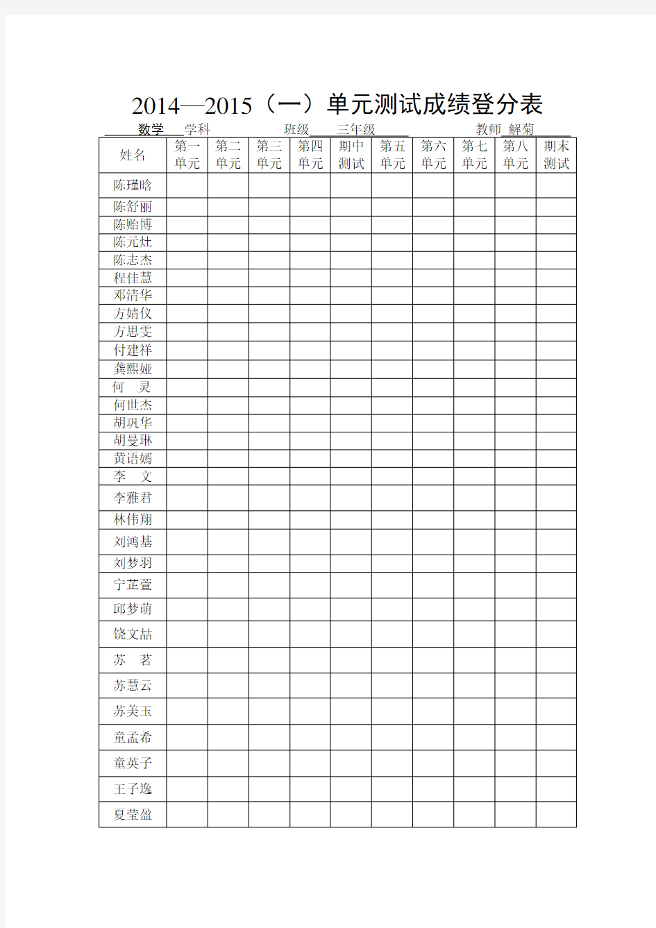 数学语文单元测试成绩登分表