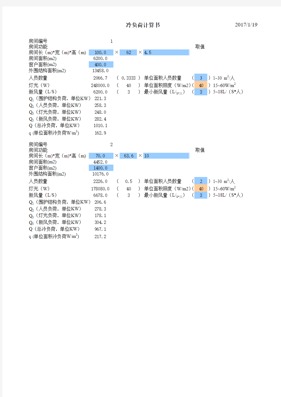 空调负荷估算表