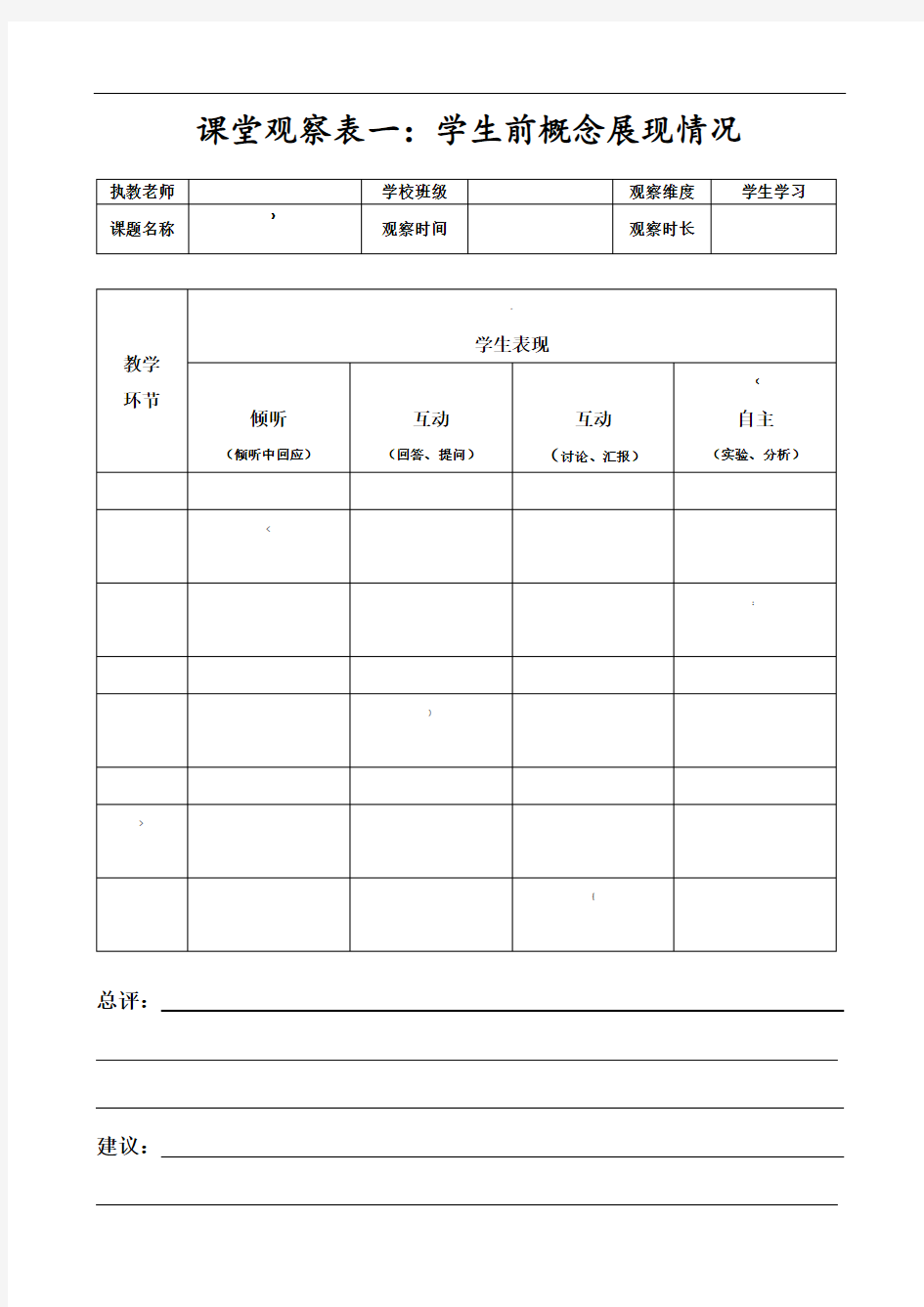 小学科学课堂观察量表