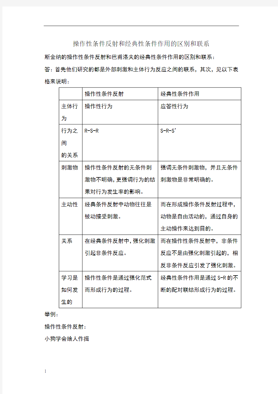 操作性条件反射和经典性条件作用的区别和联系