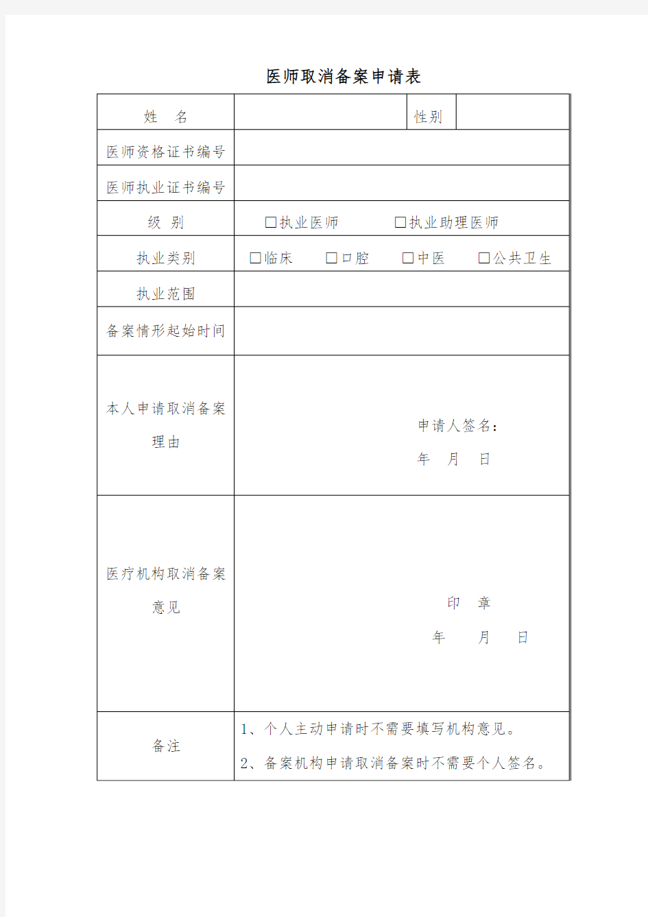 医师取消备案申请表