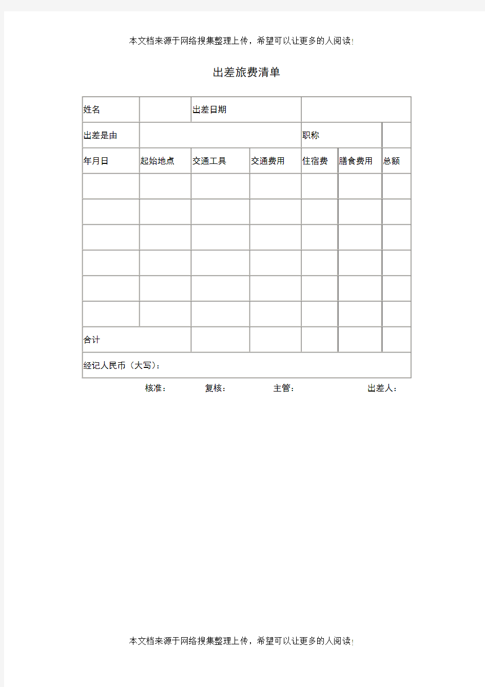 出差旅费清单(表格模板、DOC格式)