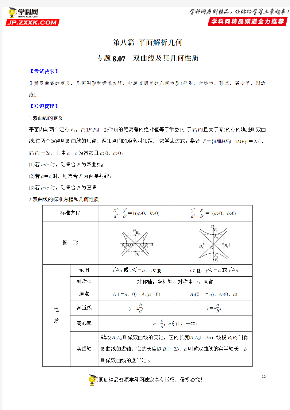 专题8.7 双曲线及其几何性质-2020届高考数学一轮复习学霸提分秘籍(解析版)