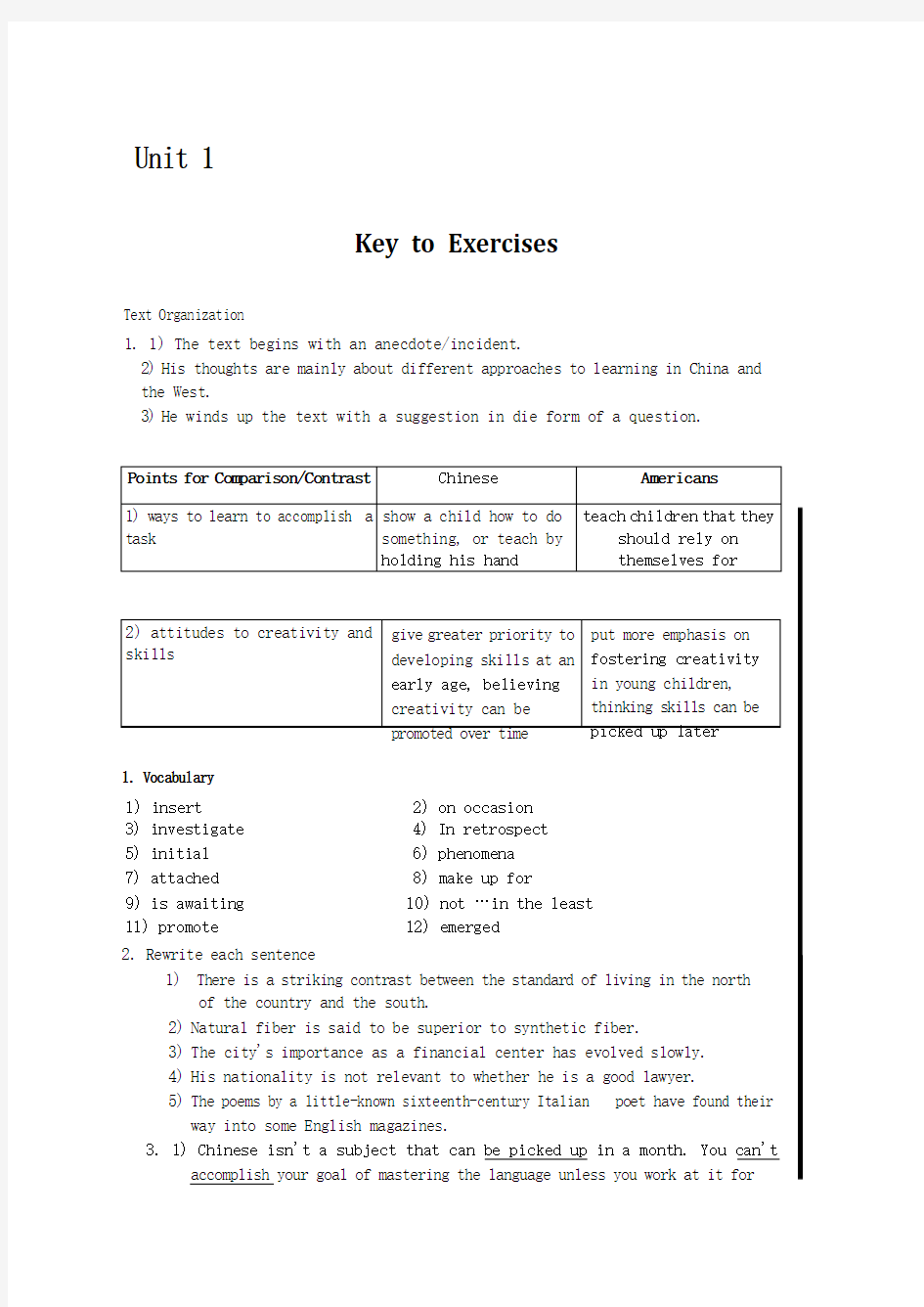 全新版大学英语综合教程2第二版答案unit1-unit