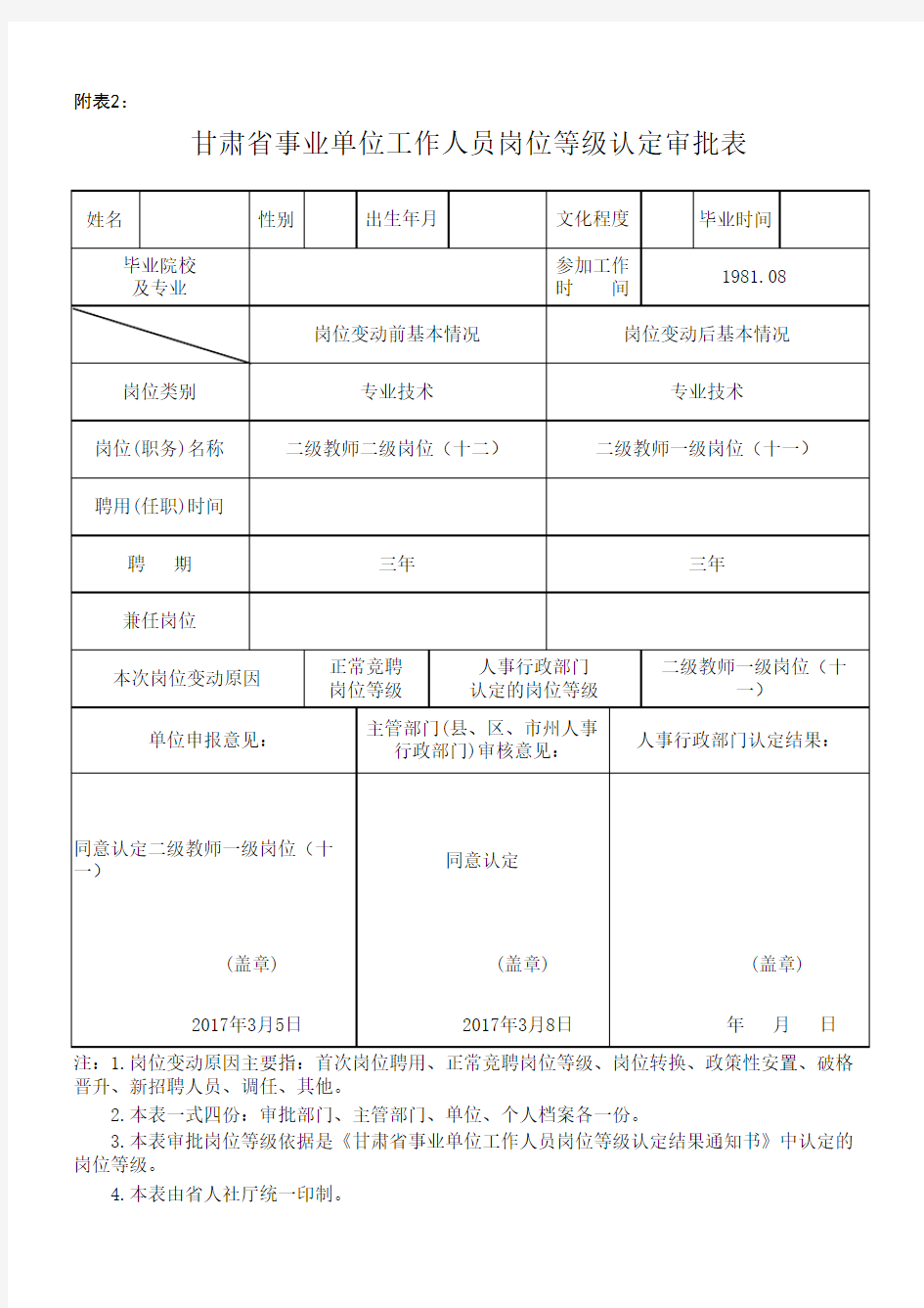 甘肃省事业单位工作人员岗位等级认定审批表 (2)