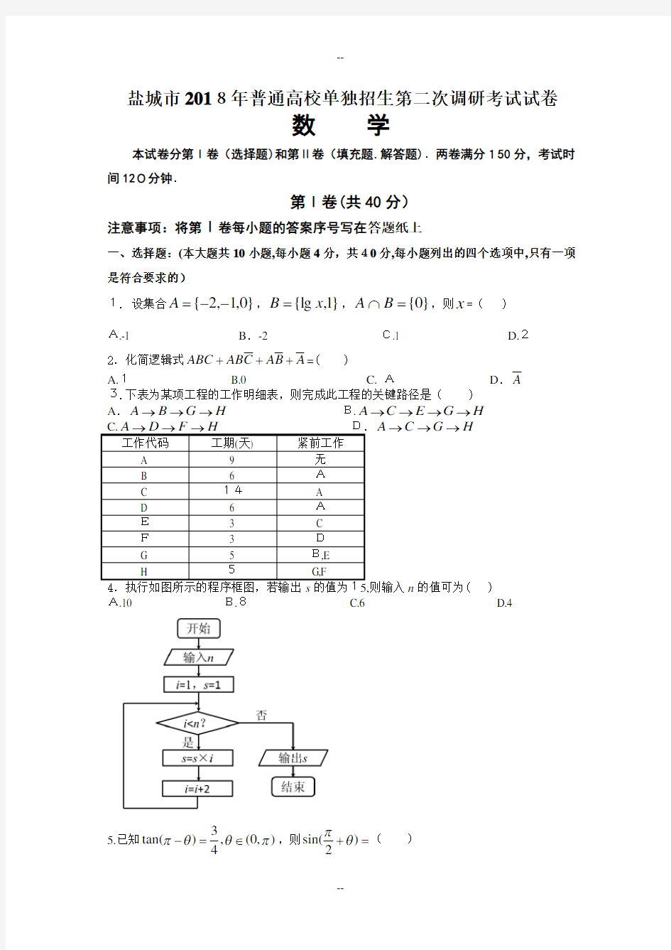 江苏省对口单招数学模拟试卷