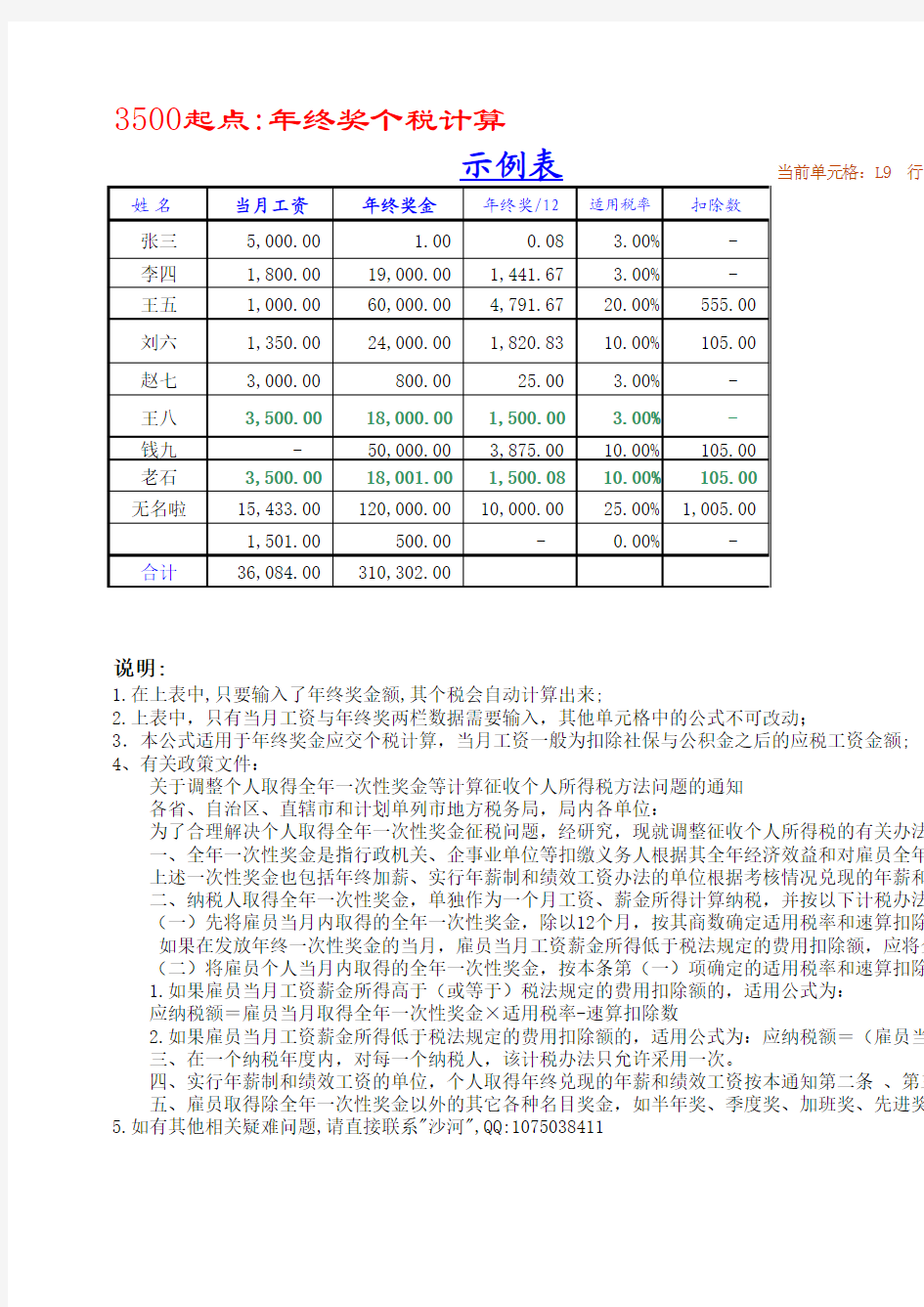 3500年终奖个税自动计算表(1)
