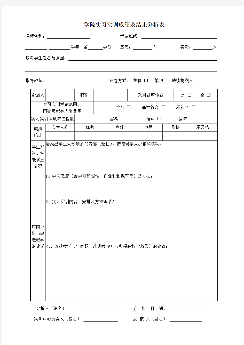 学院实习实训成绩及结果分析表