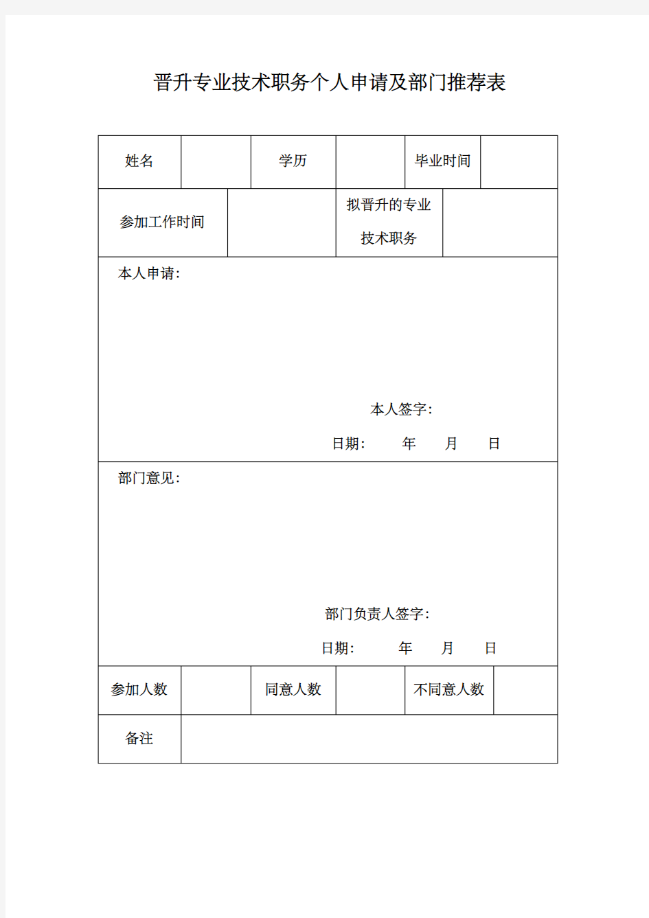 晋升专业技术职务个人申请及部门推荐表