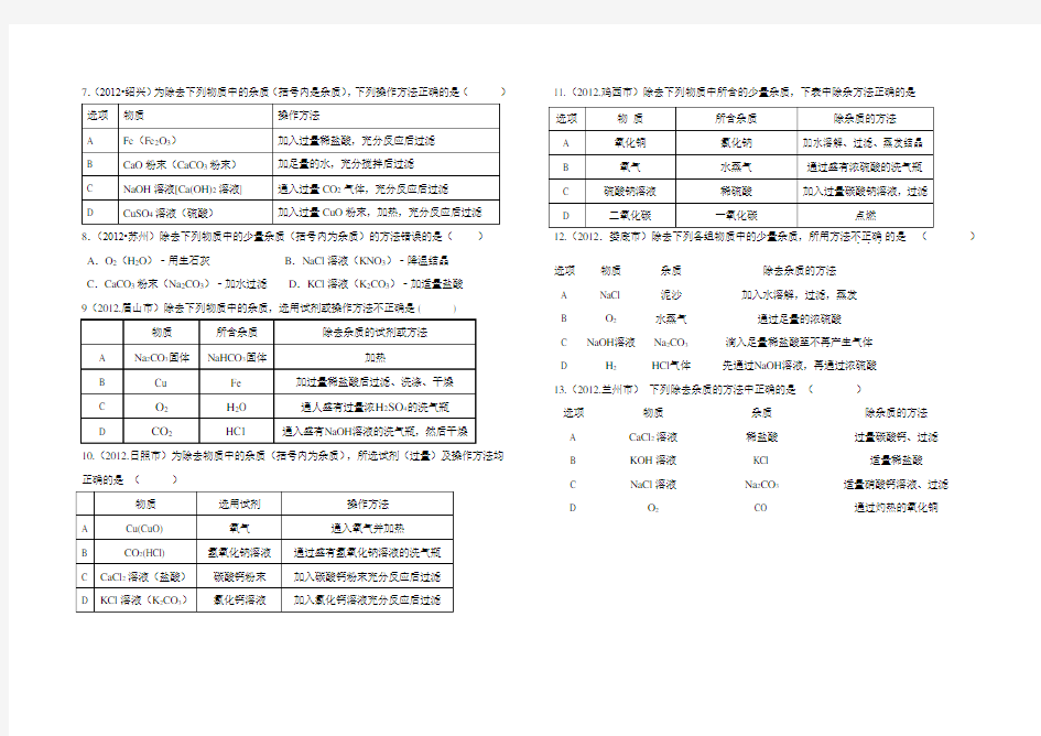 初中化学除杂专题(含答案)