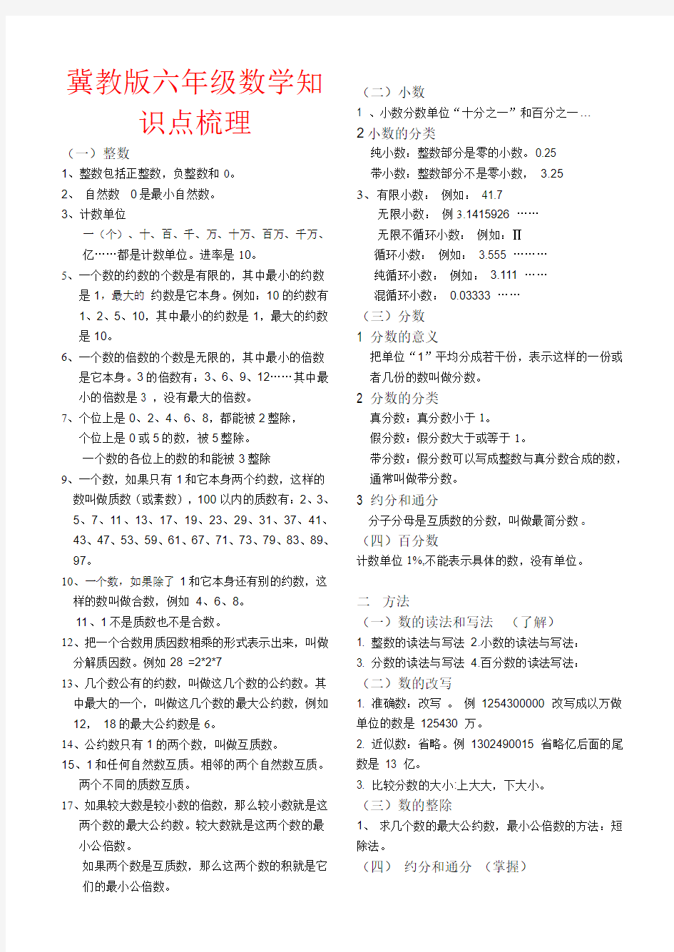 【强烈推荐】冀教版六年级数学知识点梳理