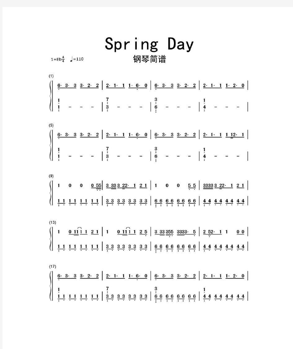 Spring-Day钢琴简谱乐谱防弹少年团