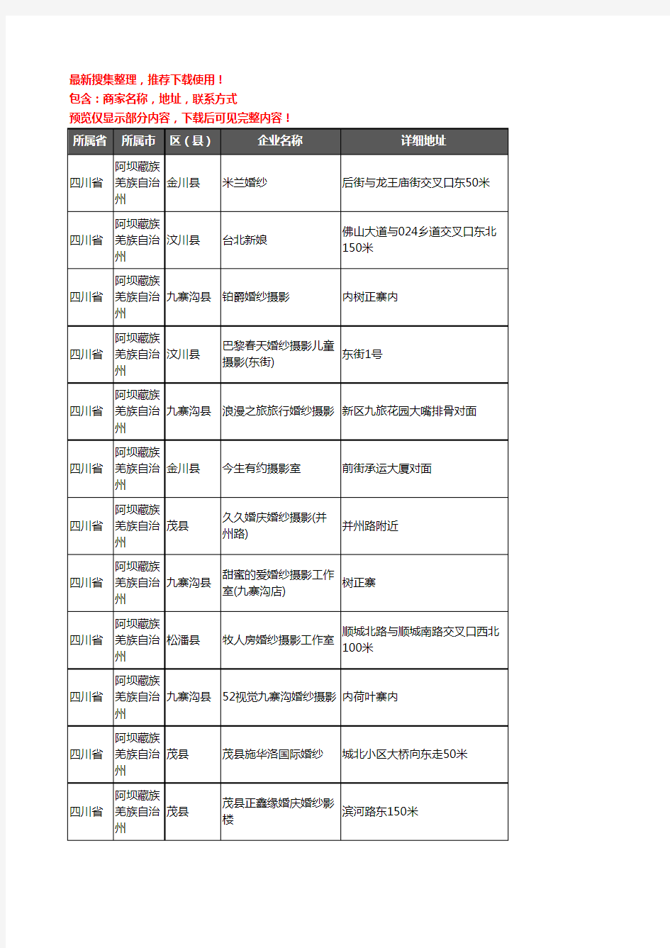 新版四川省阿坝藏族羌族自治州婚纱摄影企业公司商家户名录单联系方式地址大全17家