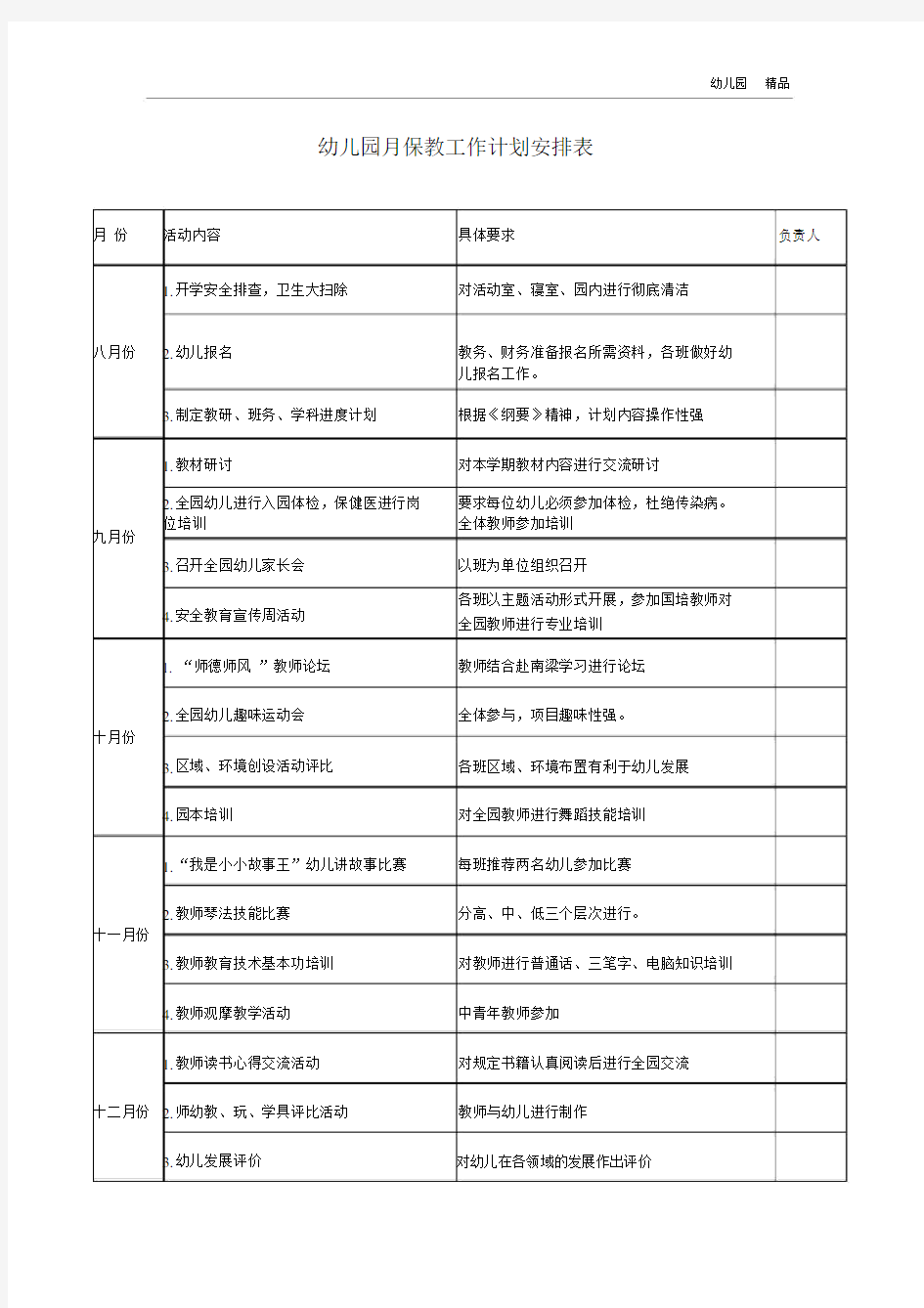 4.幼儿园月保教工作计划安排表.docx