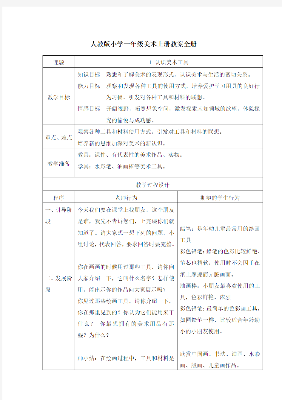 人教版小学一年级美术上册教案全册