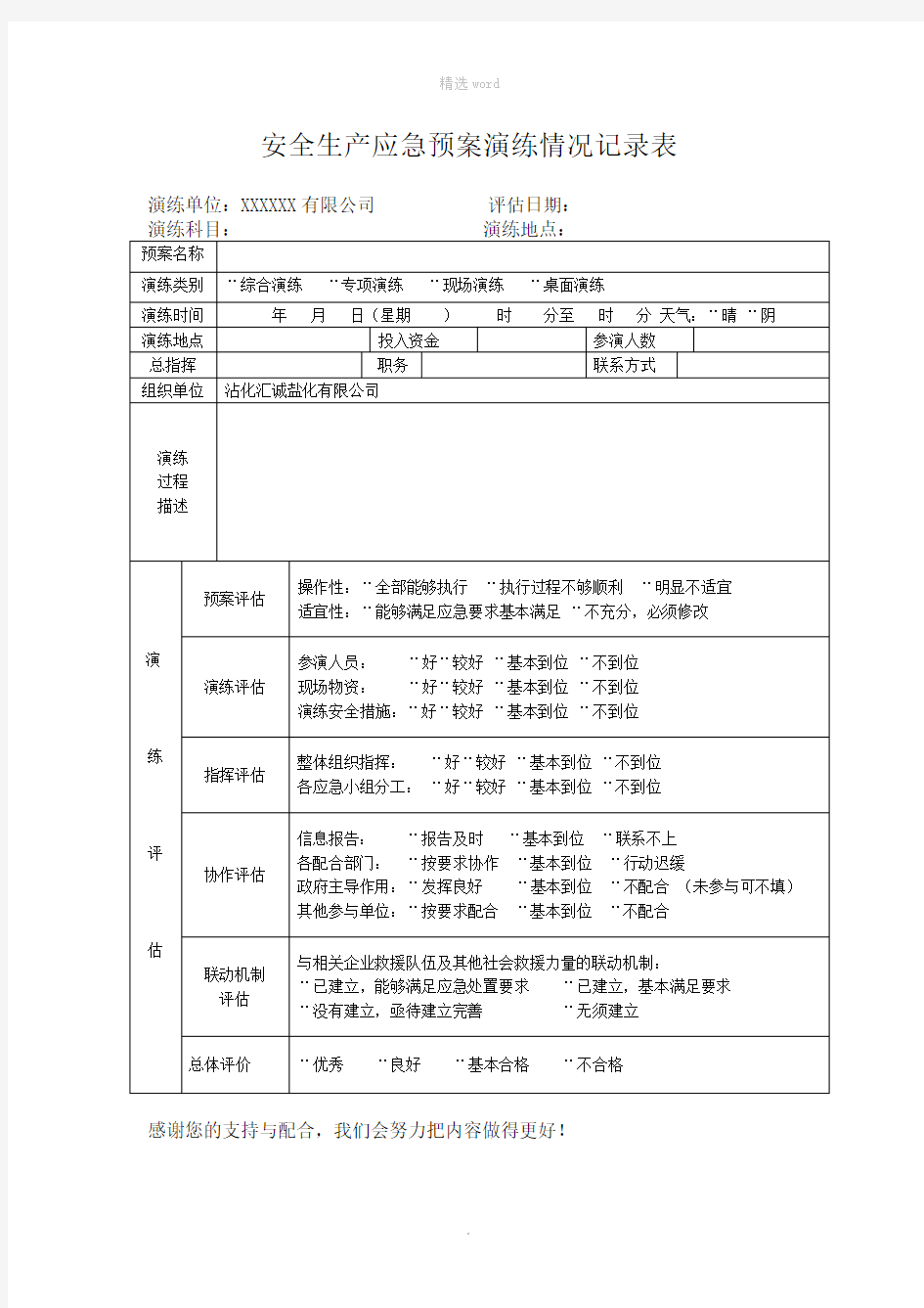 安全生产应急预案演练情况记录表