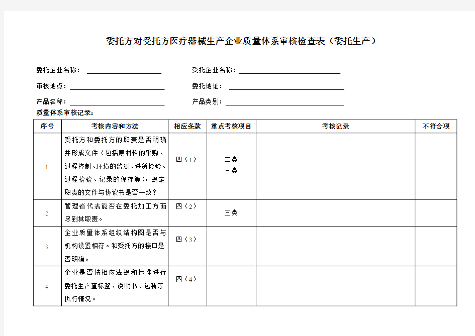 委托方对受托方医疗器械生产企业质量体系审核检查表(委托生产)