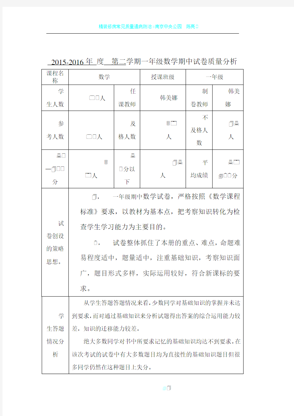 考试试卷质量分析表