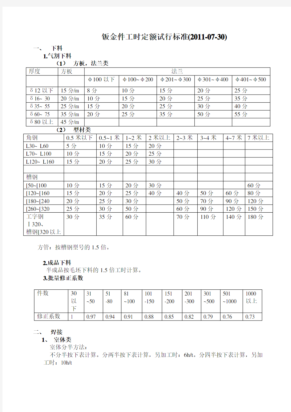 焊工工时定额标准