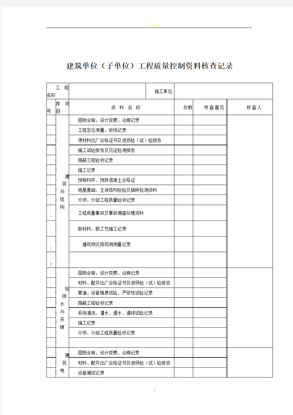 质量控制资料核查表