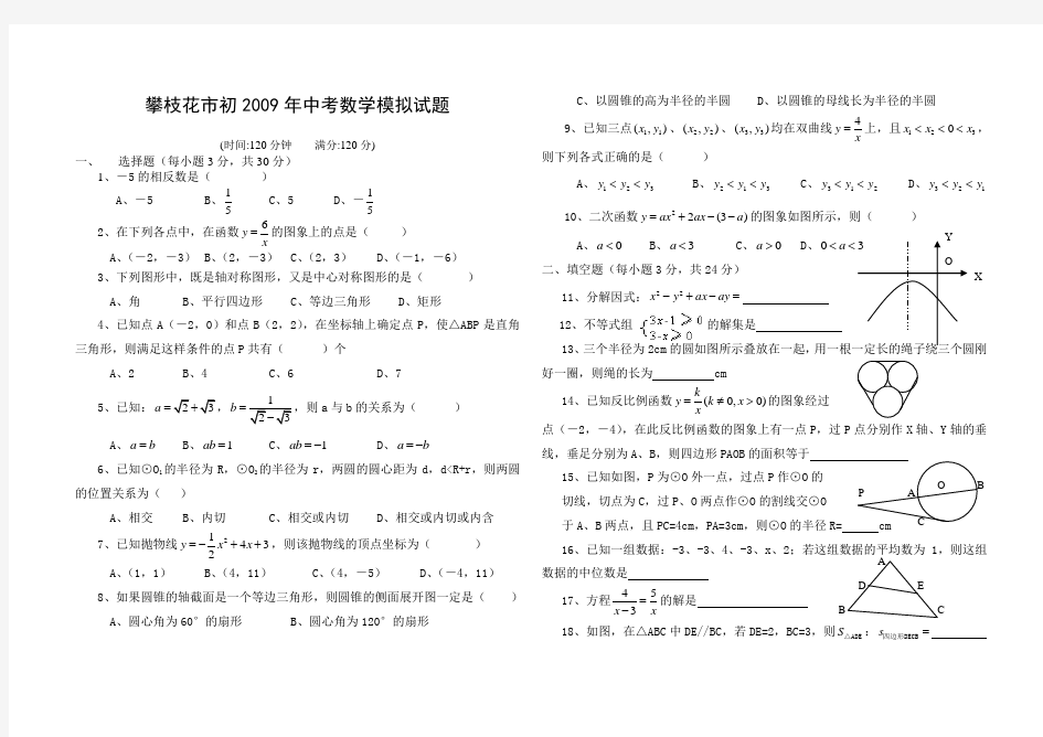 攀枝花市初2009年中考数学模拟试题