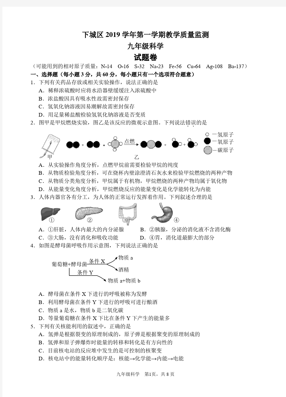 浙江杭州下城区2019学年第一学期教学质量监测九年级科学试题及答案