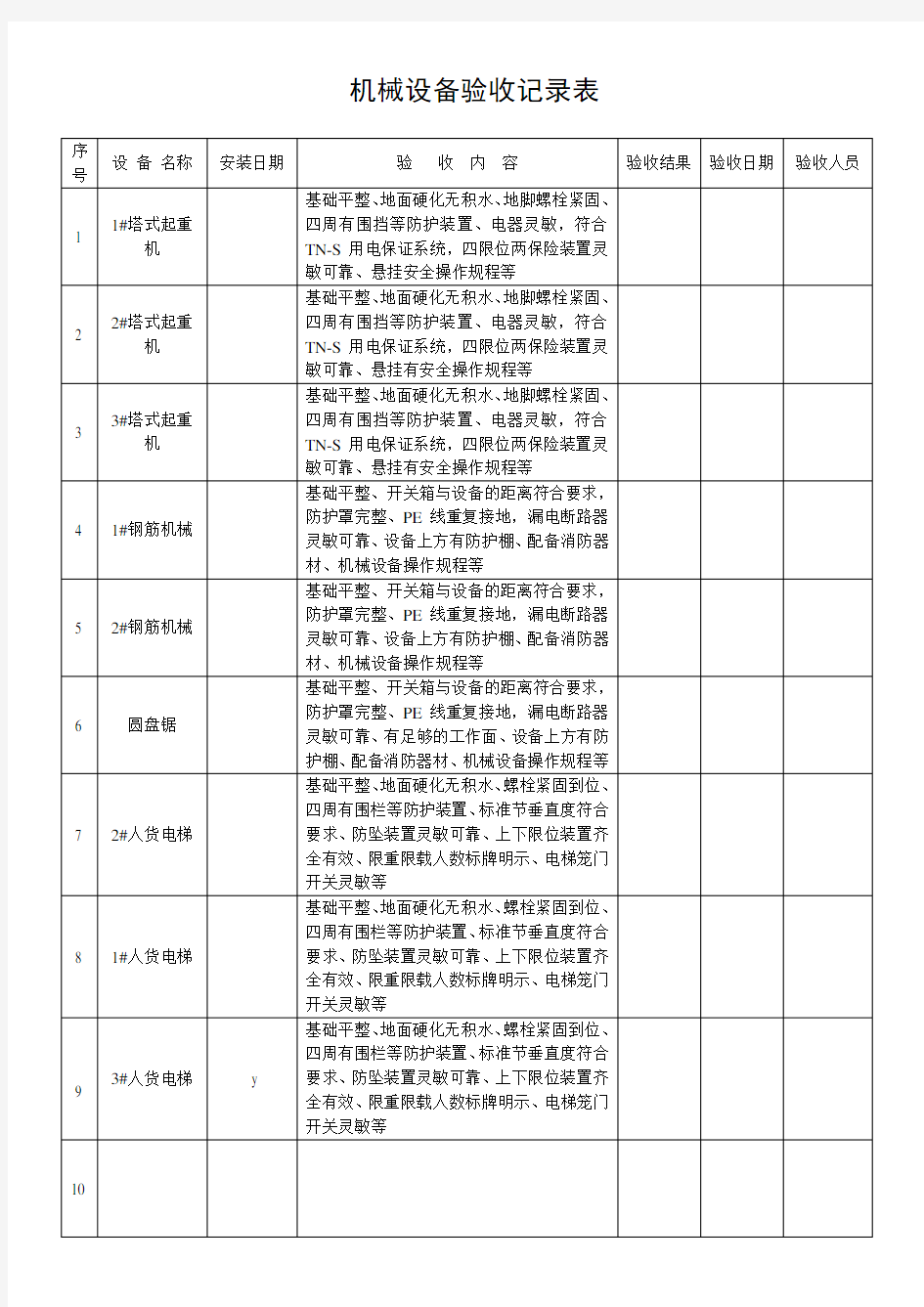 机械设备验收记录表