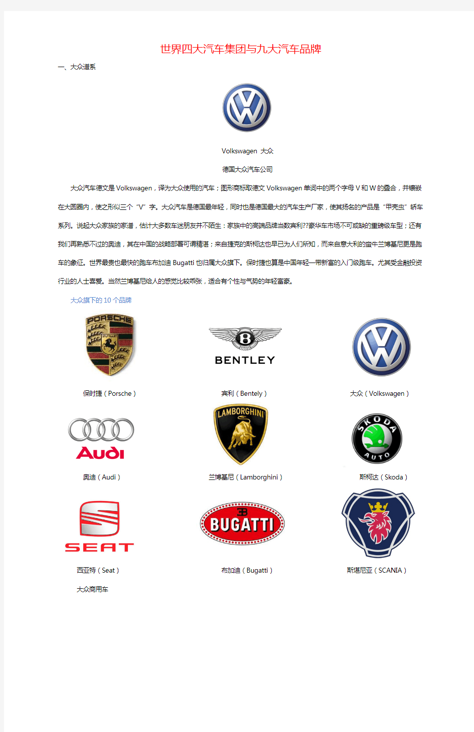 世界四大汽车集团与九大汽车品牌
