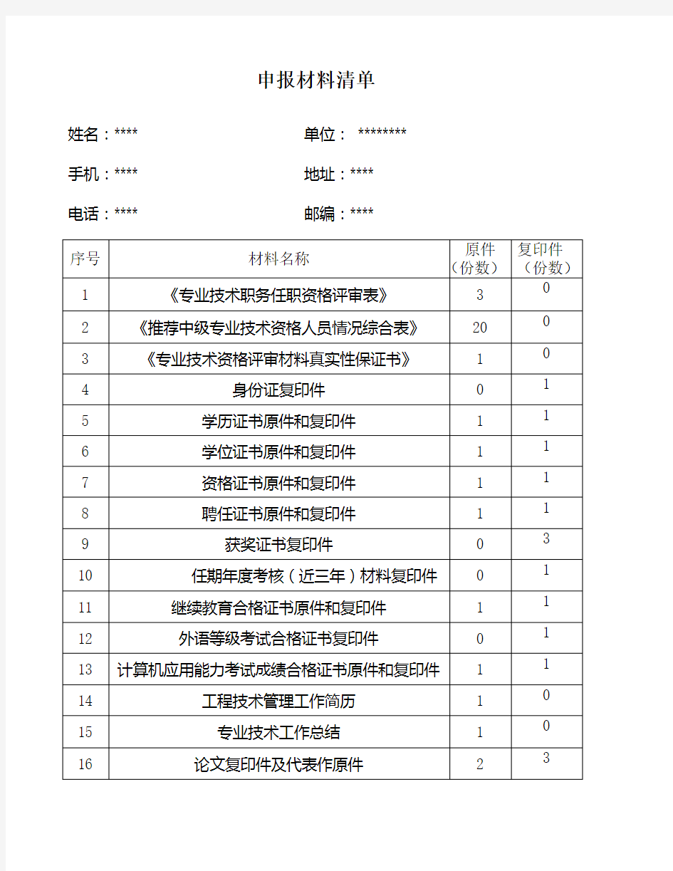 职称评审申报材料清单
