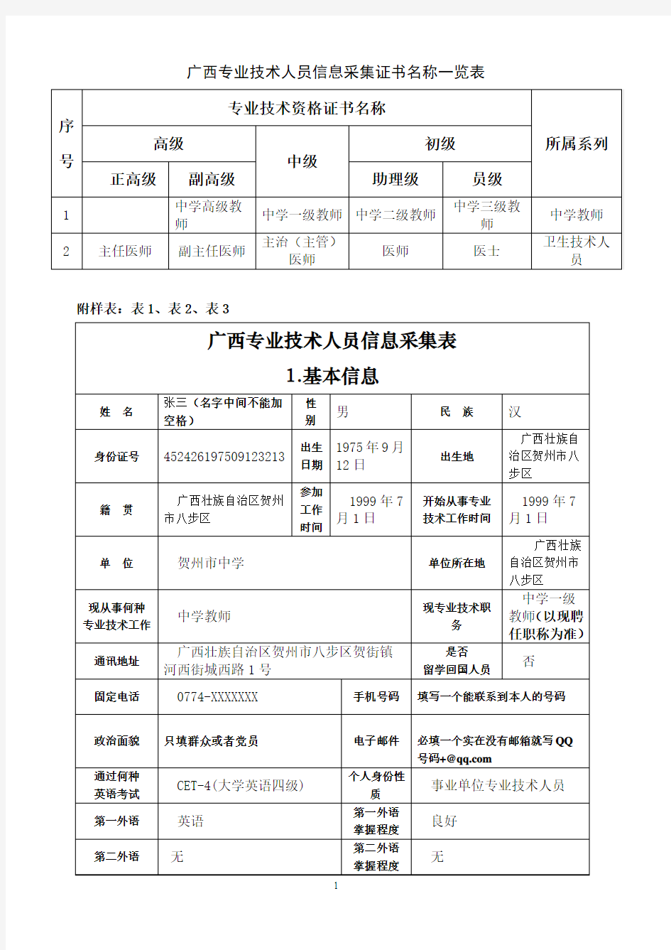 个人信息采集样表(请参照样表)