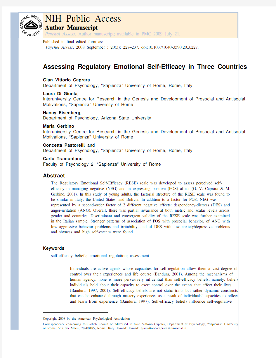 Assessing Regulatory Emotional Self-Efficacy in Three Countries