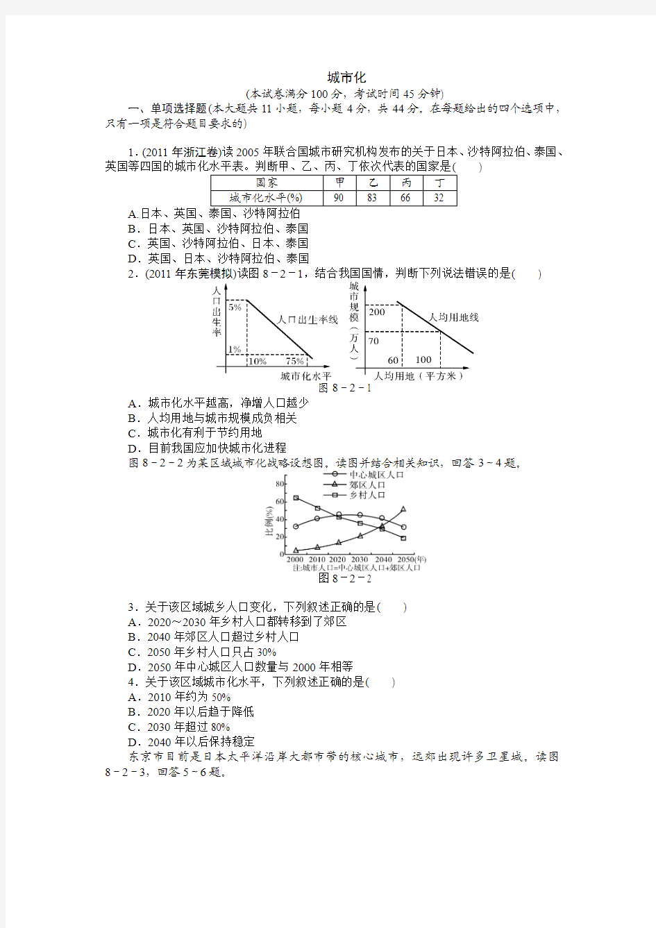 2014届广东高考文科综合(地理)第一轮复习练习题_城市化&答案