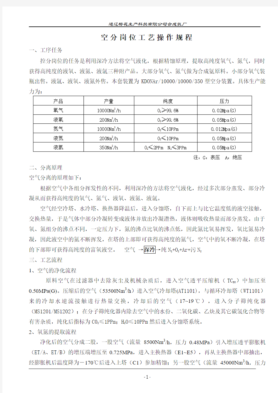 空分岗位操作规程