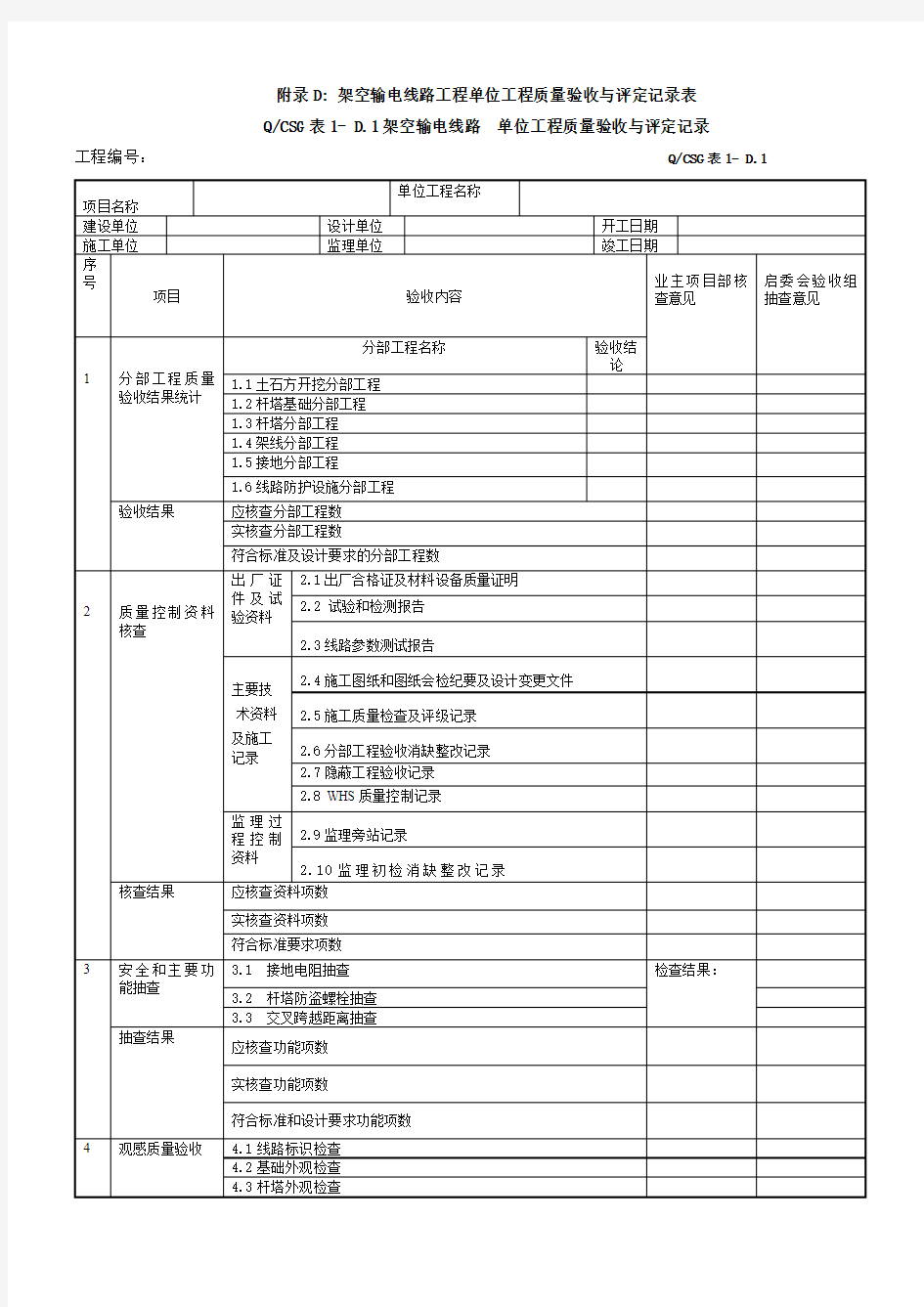 架空输电线路  单位工程质量验收与评定记录