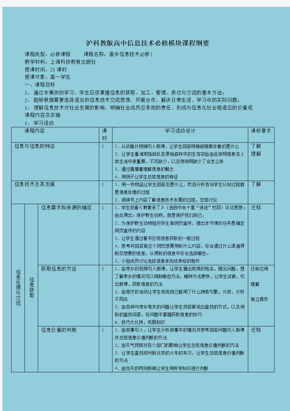 沪科教版高中信息技术必修模块课程纲要