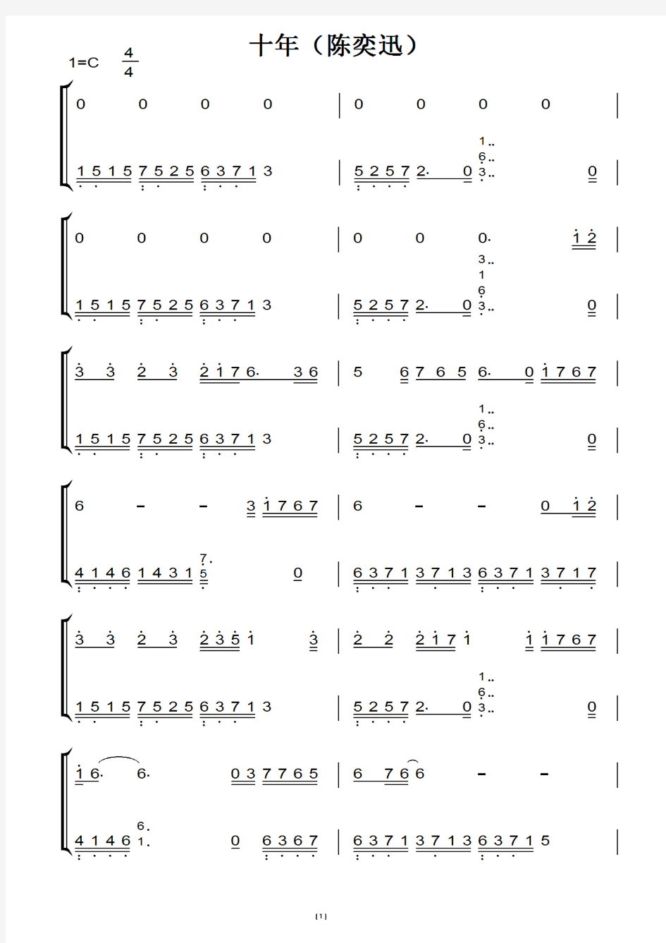 十年-陈奕迅 钢琴双手简谱 图文