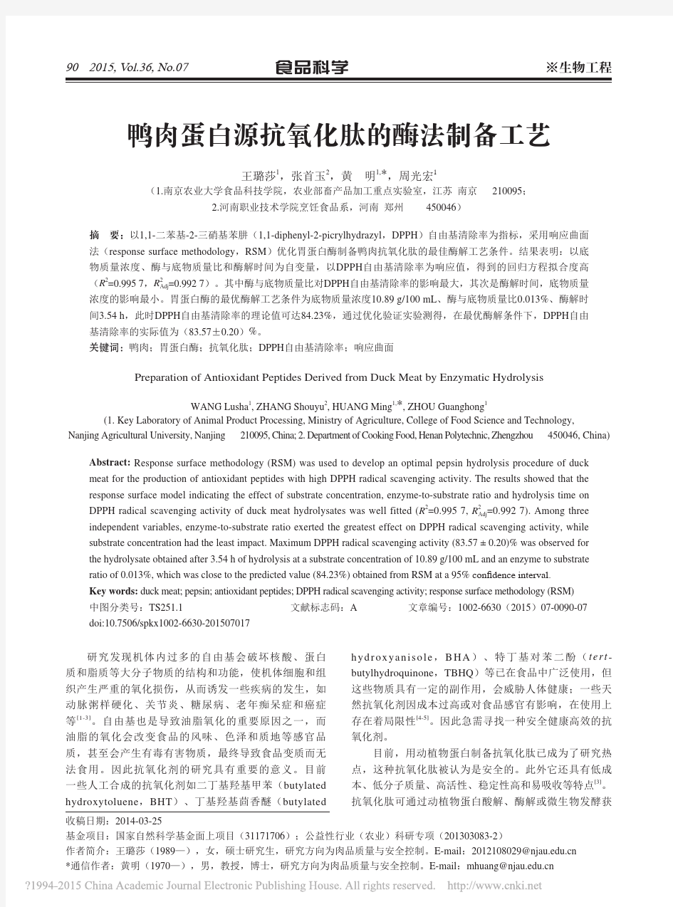 鸭肉蛋白源抗氧化肽的酶法制备工艺_王璐莎