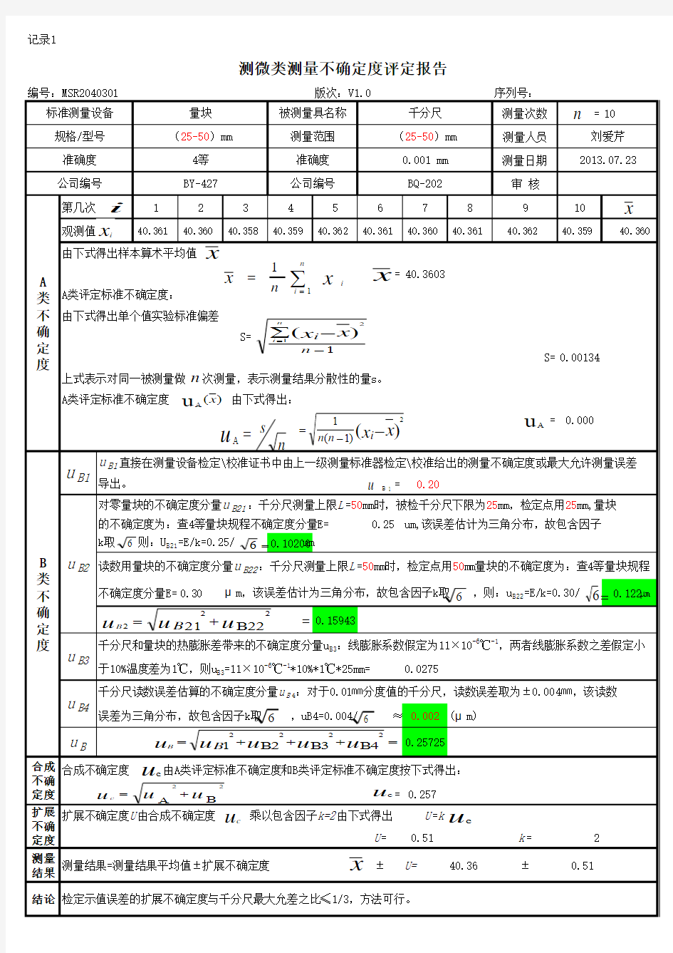 测量不确定度评定报告